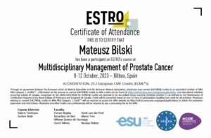 dr n. med. Mateusz Bilski, Radioterapeuta onkologiczny, Radioonkolog, Brachyterapeuta, Lublin, COZL, na zdjęciu certyfikat Multidisciplinary Management of Prostate Cancer