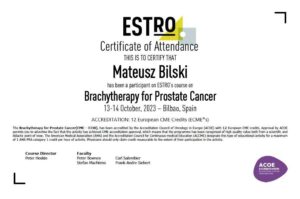 dr n. med. Mateusz Bilski, Radioterapeuta onkologiczny, Radioonkolog, Brachyterapeuta, Lublin, COZL, na zdjęciu certyfikat, Brachyterapy for Prostate Cancer